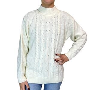 Cable Knit Sweater Womens Small Cream White Vintage 80s Mademoiselle High Neck